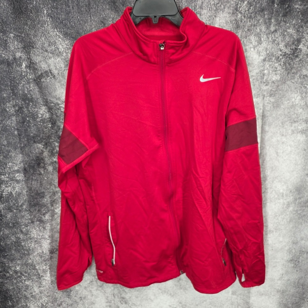 Nike Jacket Mens XL Red Dri Fit Running Thumb Holes Full Zip Training 548659-687